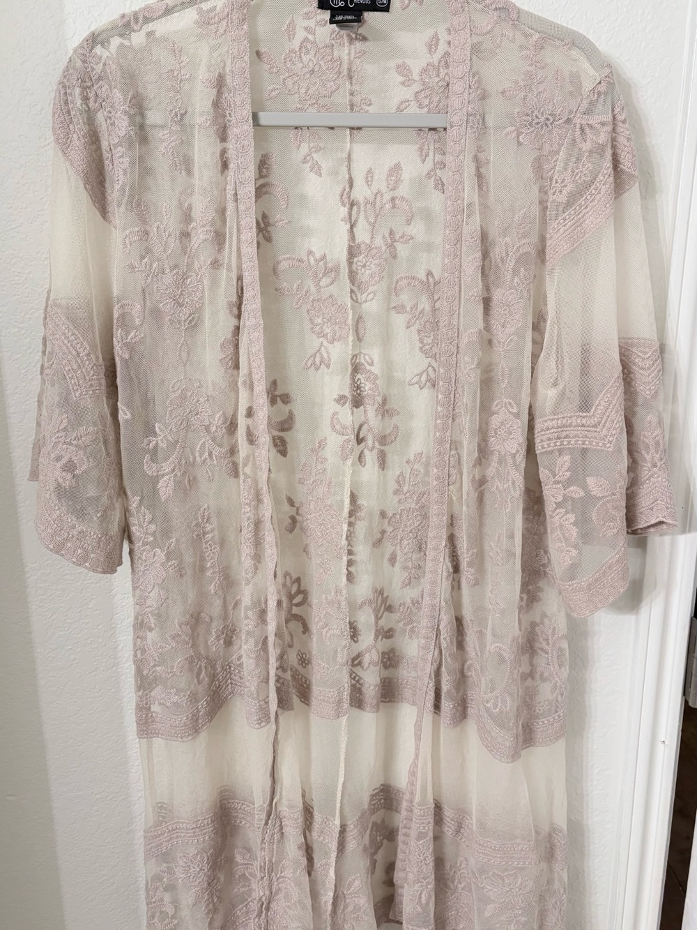 Miss Chievous Embroidered Sheer Lace Kimono Cardigan Taupe Cream S/M Boho Chic